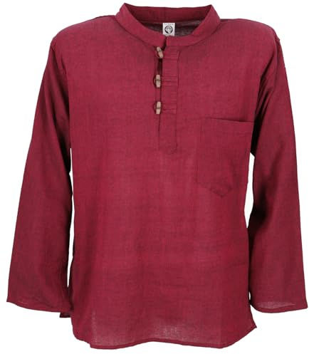 Guru-Shop, Camicia da Pescatore Nepalese, Camicia Hippie Goa, Camicia Yoga, Camicia Casual, Rosso Vino, Cotone, Dimensione Indumenti:L, Camicie