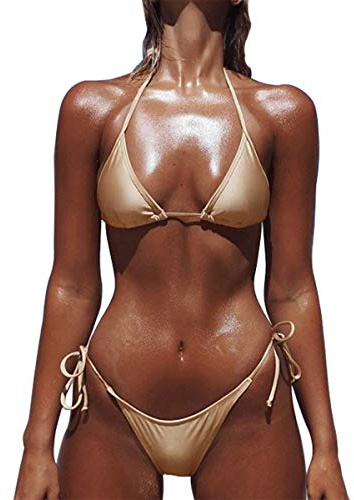 SHERRYLO 10 Solid Color Women's Thong Tanga Bikini Set String Swimsuit for S-XL Body (Gold)