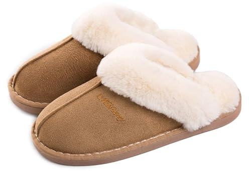 Misolin Chaussons Maison Mémoire Mousse Bois Plancher Faux Daim à Fourrure Mules Automne Hiver Hommes Femmes Intérieur/extérieur,Marron Clair L(290)=40.5/42 EU