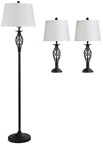 HOMCOM 3er-Lampenset 2 Tischlampe(ø38 x 158H cm) + 1 Stehlampe(ø30 x 62H cm) Metall, PS, Polyester, Baumwolle, Vintage, Schwarz+Weiß
