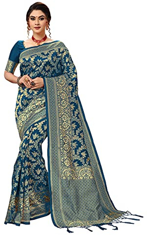 Nivah Fashion Banarasi Art Silk Sari con camicetta da donna, Blu foglia di tè, taglia unica
