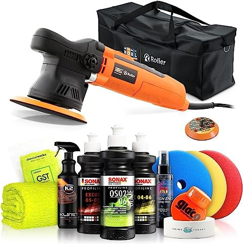Poliermaschinen Set: ADBL D09125 Exzenter Poliermaschine + Sonax Politur Set + Royal Pads Premium Polierpads + Dr. Wack Versiegelung für Lack- & Scheiben + Zubehör | 12-teilig