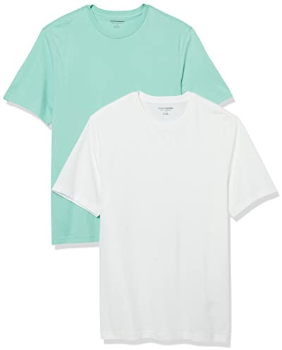Amazon Essentials T-shirt en Coton à Col Rond à Manches Courtes, Coupe Classique Homme, Lot de 2, Blanc/Bleu des Mers du Sud, L