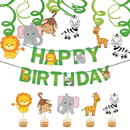 ZHIQIN 31 Stück Dschungel Dschungeltiere Deko Luftschlangen Geburtstag Tiere Deckenhänger Wirbel Deko Safari Tiere für Kinderparty Junge und Mädchen Party Geburtstagsgirlande Dekoration