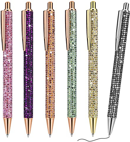 cobee Metallpennor med bling, 6 stycken infällbara kulspetspennor, 1,0 mm, svart bläck, kulspetspennor i metall med glitter, kulspetspennor för män, kvinnor, skola, kontor, hem, ritning (rutigt mönster) | Kulspetspennor, kulspetspennor i metall för män, kvinnor, skola, kontor, hem, ritning (rutig stil)