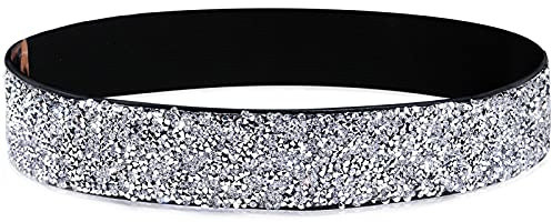 YooAi Cintura elastica in pelle PU con strass cintura in vita elastica in cristallo lucido cintura larga per abito da donna, Cristallo bianco + cinturino nero, M:vita 32/35