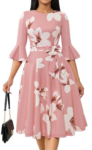 Homrain Damen Vintage Kleider Bell arm Cocktail Kleider für Hochzeitsgast Langarm Midi Kleid für Kirche Abendkleid Blush White Flower L