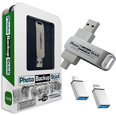 Photo Backup Stick Omega Universal Picture and Video Backup for Any Device - iPhone, Android, Computer, Tablets (128GB)