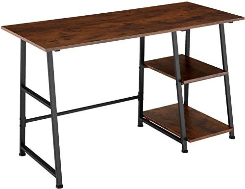 tectake Schreibtisch mit 2 Ablagen, 120 x 50 x 73,5 cm, Industrie-Design, Computertisch mit Seitenregal mit Zwei Fächern aus Holz, schwarzes Metallgestell (Industrial Dunkelbraun)