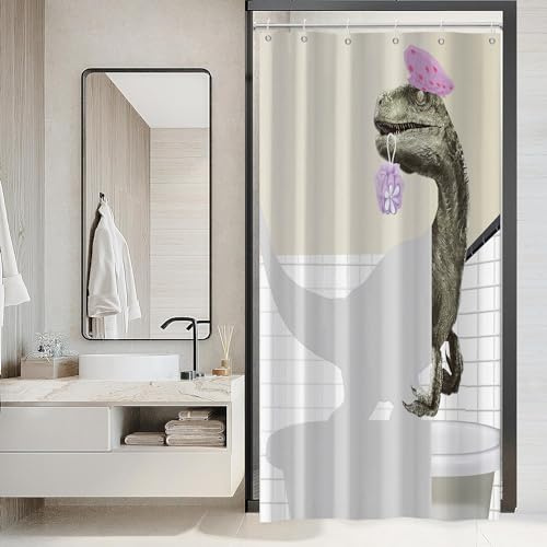 Hnmdmyi Duschvorhang Lustiger Dinosaurier 90x180, Niedlicher Badender Dino Raptor Kinder Badewanne Vorhang Cartoon Tier Kinder Kreativ Modern Wasserdicht Polyester Stoff Waschbar Badevorhang