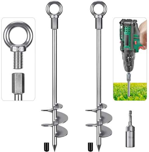 Insaga Tent Peg, 45cm Heavy Duty Ground Anchor Large Metal Earth Stake Spiral Blade Screw in Trampolines Spike for Swing Set/Camping/Shed/Dog/Carport with Fixed Eyelet, 2 Pack