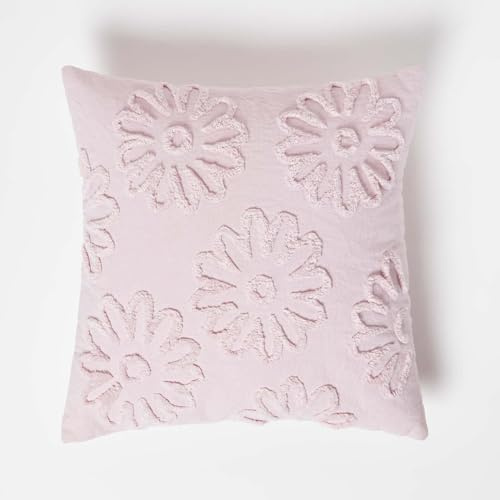 HOMESCAPES Filled Tufted Cushion Covers 45 x 45 cm, Pure Cotton Boho Throw Pillow Covers, Floral Lilac Flower Cushion, Luxury Decorative Pillow Cases for Sofa or Bedroom - Insert Included