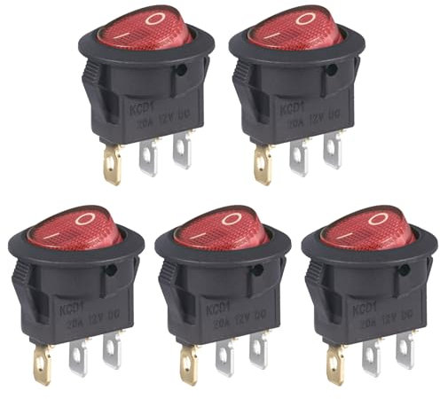 VEXUNGA Kippschalter Beleuchtet Rot Rund 12V DC 20A 3 Polig mit Licht Ein/Aus Schalter Einbauschalter 12 Volt SPST Roter Leuchtend Quadratischer (5 Stück)