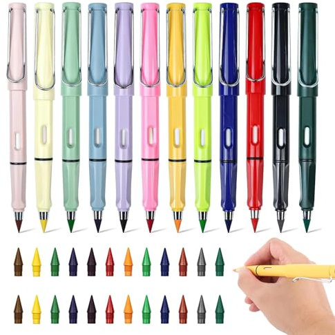 Matita eterna in metallo, 12 matite senza inchiostro, infinita matita senza inchiostro con gomma, matita eterna, set di cancelleria, matite colorate cancellabili, con 24 molle di ricambio