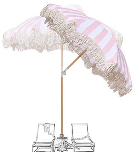 SKINCATE Parasol Rose Blanc Rayé, Parasol De Patioe Bohème avec Frange, 2 M Parasol De Plage UV50+, Parasol De Jardin/Piscine/marché, Inclinable 180°
