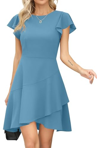 Missufe Vestido de cóctel de manga abullonada para mujer con cuello redondo, vestido de fiesta, vestido de noche con volantes de línea A, vestidos cortos de patinadora, Azul Claro, XL