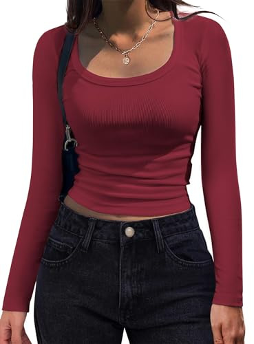 Hotouch Maglietta Donna Manica Lunga Manica Lunga Basic Top Cotone Girocollo Stretch T Shirt Slim Fit Top Bordeaux M