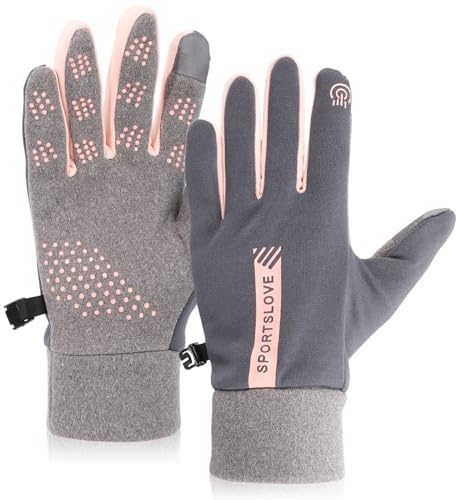 Mayoii Winter Gloves Men, Waterproof Windproof Winter Gloves for Women, Non-Slip Winter Work Gloves, Winter Warm Touch Screen Gloves for Cycling, Running, Hiking, Outdoor Work (Women's Grey Pink)