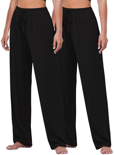 FEQO 2 Pack Women's Lounge Pants Wide Leg Yoga Pants Soft Pajama Bottoms Casual Loose Sweatpants Drawstring Black Yoga Pants, XL
