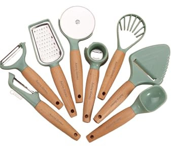 Astra Home Set di 8 utensili da cucina con manico in legno con pelapatate, grattugia, tagliapizza, affettatrice per formaggio, affettatrice per avocado, paletta per gelato e apribottiglie, design