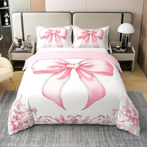 Homewish Rosa Bowknot 100% Baumwolle Bettwäsche Set,Aquarell Bow Bettbezug 155x220 für Kinder Teens Erwachsene,Fantasy Europäische Blume Bettbezug,Fliege Bett Set mit 1 Kissenbezug für Schlafzimmer