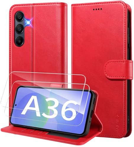 WAURZ Coque pour Samsung Galaxy A36 5G Etui Coque avec 2 Verre Trempé Porte Carte Clapet à Rabat Portefeuille Cuir Case Housse Protection Flip Cover Étui Coque pour Samsung Galaxy A36 5G,Rouge
