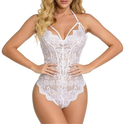 GIVTULIP Women Sexy Lace Lingerie Bodysuit One Piece Teddy Underwear Halter Leotard Transparent Deep V Sleepwear Backless Negligee for Ladies Hollow Out Babydoll Naughty Mesh Jumpsuit Cutout Nightwear