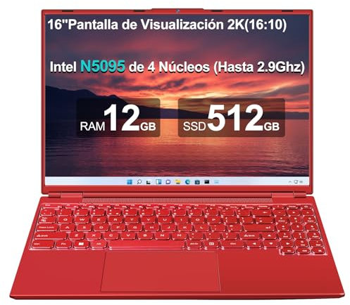 Ordenador Portátil 16 Pulgadas 12GB RAM+512GB SSD Expansión 1TB, Portátil Celeron N5095 Up to 2.9Ghz Win 11 Pro 5G WiFi , BT 4.2 Mini Puerto Multimedia Portatiles Ventilador Refrigeración 1920P-Red