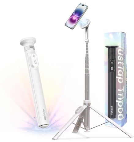 KraftGeek Automatic Phone Tripod Stand Compatible with MagSafe, 66/168cm Magnetic Selfie Stick Tripod for iPhone, Phone Stand for Filming with Remote Control Compatible with Samsung/Android, White