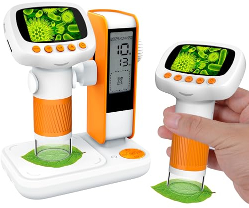 Microscope for Kids,1000X Portable Handheld Microscopes w/Base Stand, 2 HD Screen Pocket Microscope USB Support Camera and PC Video, Digital Microscopes for Kid, Christmas Birthday Gifts