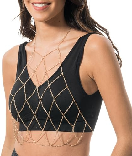 Chaks - Cadena corporal para mujer, oro, joyas corporales de filigrana, cadena bikini sujetador, festival, joyas, fiesta, playa