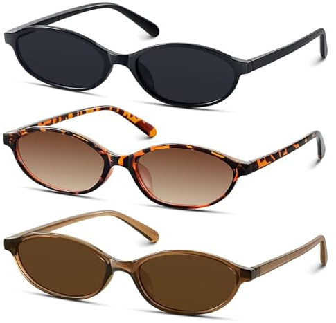 MXGHIR Oval Sunglasses, 3 PCS Cat Eye Retro Sunglasses 90s Narrow Small Face Vintage Sun Glasses for Women, UV400 (Black, Brown, Leopard Print)