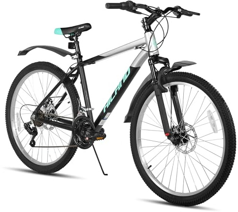 Hiland 26 tums mountainbike 18 växlar, fjädergaffel, aluminiumram skivbroms för män kvinnor, MTB svart cykel
