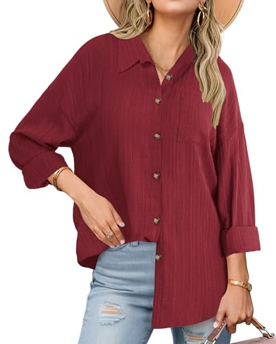 Plilima Vin Rouge Chemise Femme à Manches Longues À Col, Blouse Boutonnée Casual d'Été Respirable Légère à Coupe Évasée pour Femme – Week-End, Maison et Vacances, Taille XL