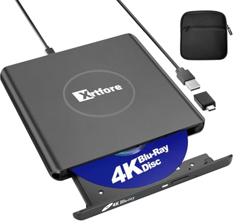 XRTFORE External 4k blu ray Drive,Aluminum 4k blu ray Burner with Carry Case,USB 3.0 uhd Player,DVD+/-RW External Optical Drive for MacBook Pro Windows Laptop