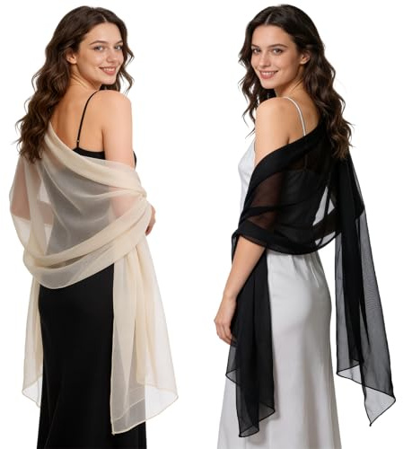 BSRGMS 2pcs Chiffon Shawls and Wraps for Evening Dresses Women Elegant Soft Silky Wraps Wedding Bridal Scarf（Black Champagne）