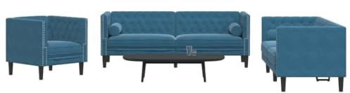 Frdhee Sofá tapizado moderno, sofá juvenil, juego de 3 piezas, sofá Chesterfield con reposacabezas azul terciopelo para apartamentos, balcones, oficinas, espacios pequeños