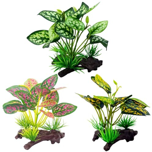 QiiWuic 3 Pcs Vivarium Decoration, Artificial Tortoise Accessories For Reptile Plants, Enhance Snake Vivarium Environment With Red Yellow White Leaves