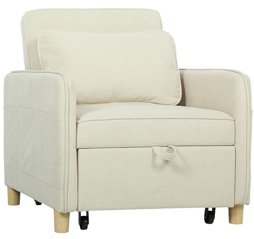 HOMCOM Sofá Cama de 1 Plaza 3 en 1, Sofá Cama Plegable Tapizado en Terciopelo Ecológico con Respaldo Ajustable 3 Niveles, 6 Bolsillos Laterales y Almohada, para Dormitorio, Salón, 74x85,5x82 cm, Beige