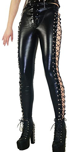 FASHION QUEEN Women's Punk Rock Leggings Gothic Lace-up Bandage Black Sexy Slim Pants (Small, Black)