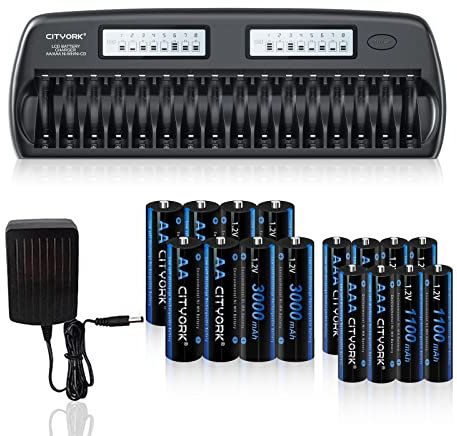 CITYORK 16 Bay LCD Smart AA/AAA-Ladegerät mit 8 AA 3000 mAh-Akkus und 8 AA 1100 mAh-Akkus (8X AA + 8X AAA Akku+Ladegerät)