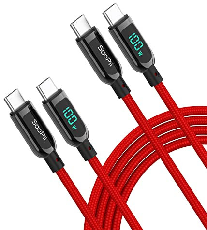 SooPii Câble USB C vers USB C, [Lot de 2, 1.2M] 100W PD Câble de Charge Rapide, Type C Nylon Tressé Câble avec affichage LED pour lPhone 15,lPad Air,MacBook Pro,Galaxy S23/S22 (Rouge)