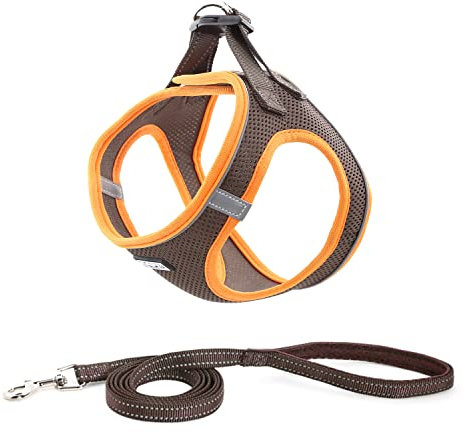 Suredoo Hundegeschirr mit Leine Anti Zug Geschirr Reflektierend Brustgeschirr für Kleine Hunde, Haustiere, Welpen, Katzen (Braun Orange, M)
