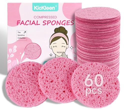 60 spugne per il viso compresse, 100% cellulosa kickleen naturale, spugne cosmetiche per spa per la pulizia quotidiana del viso, rimozione di trucco e maschera, esfoliante, massaggio della pelle,