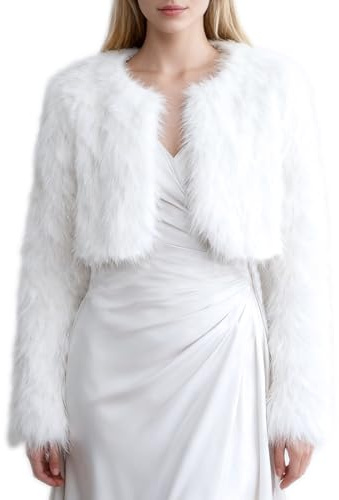 Amazhiyu Womens Faux Fur Cropped Coat Open Front Long Sleeve Winter Jacket White, Medium