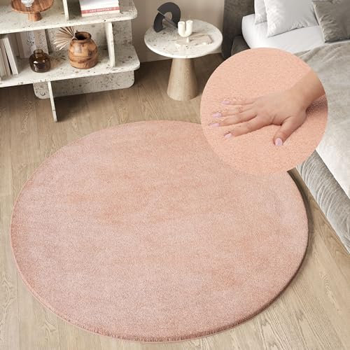 TAPISO Cuddle Teppich Rund Hochflor Rosa Lachsfarbe Langflor Shaggy rutschfest Waschbar Wohnzimmer Schlafzimmer Kinderzimmer ÖKOTEX 100 x 100 cm