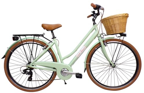 Cicli Tessari - bicicletta da donna telaio in ALLUMINIO bici city bike 28'' vintage retro' cesto in vimini (verde)