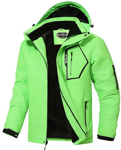 UTWGN Herren Skijacke Winter Warm Schneemantel Wasserdicht Windbreaker Kapuze Arbeit Outerwear Snowboardjacken, leuchtend grün, XL