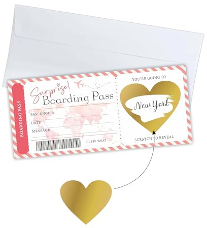 Scratch Card Reveal Surprise Personalised Boarding Pass Scratch Cards with Envelope and Heart Scratchs Card Sticker Where We Are Going on Holiday Travel Flight Ticket Boarding Pass Surprise Trip(Pink)