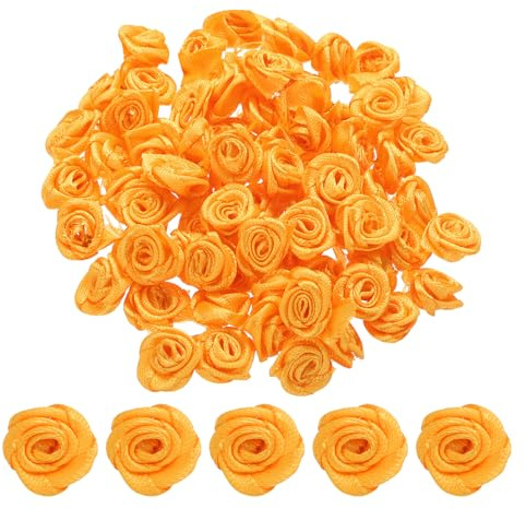 QUARKZMAN 100pz 1,5cm Mini Rose di Nastro in Raso Fiori Artificiali Stoffa Nastro Raso per Accessori Fai Da Te Cucito Confezione Regalo Decorazione Matrimonio, Arancia